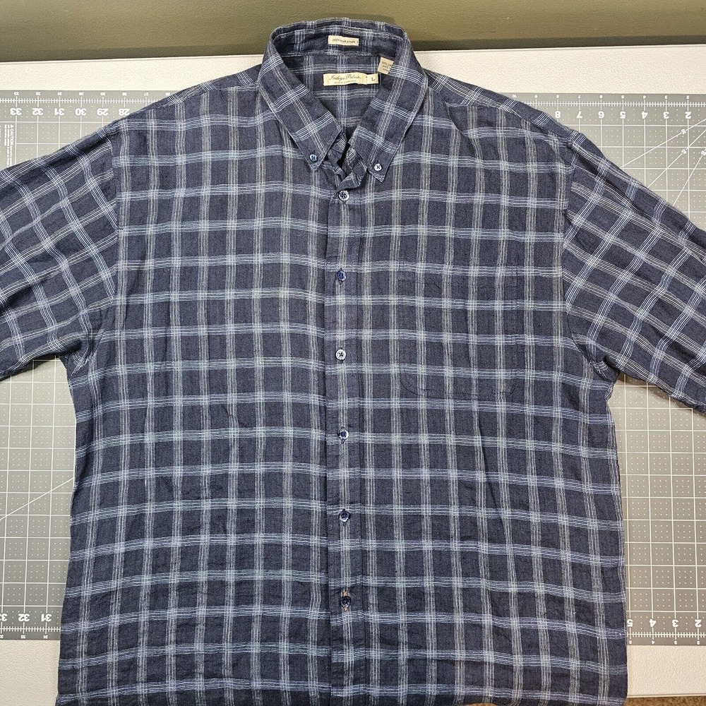 Indigo Palms Irish Linen Shirt Mens Large Plaid Hawaiian Golf Preppy Casual Work
